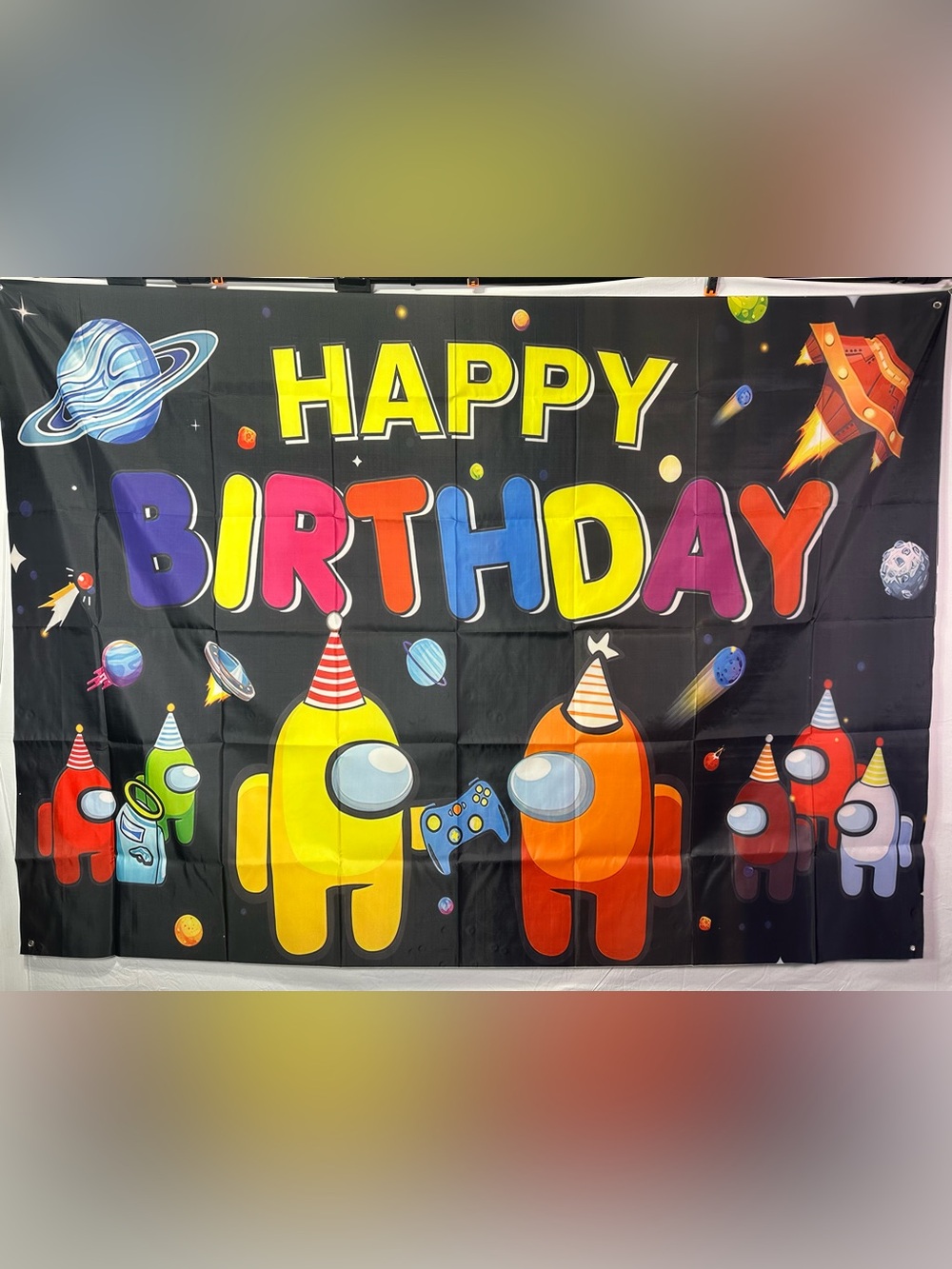 Large Among Us Happy Birthday Backdrop Banner 7x5Ft.